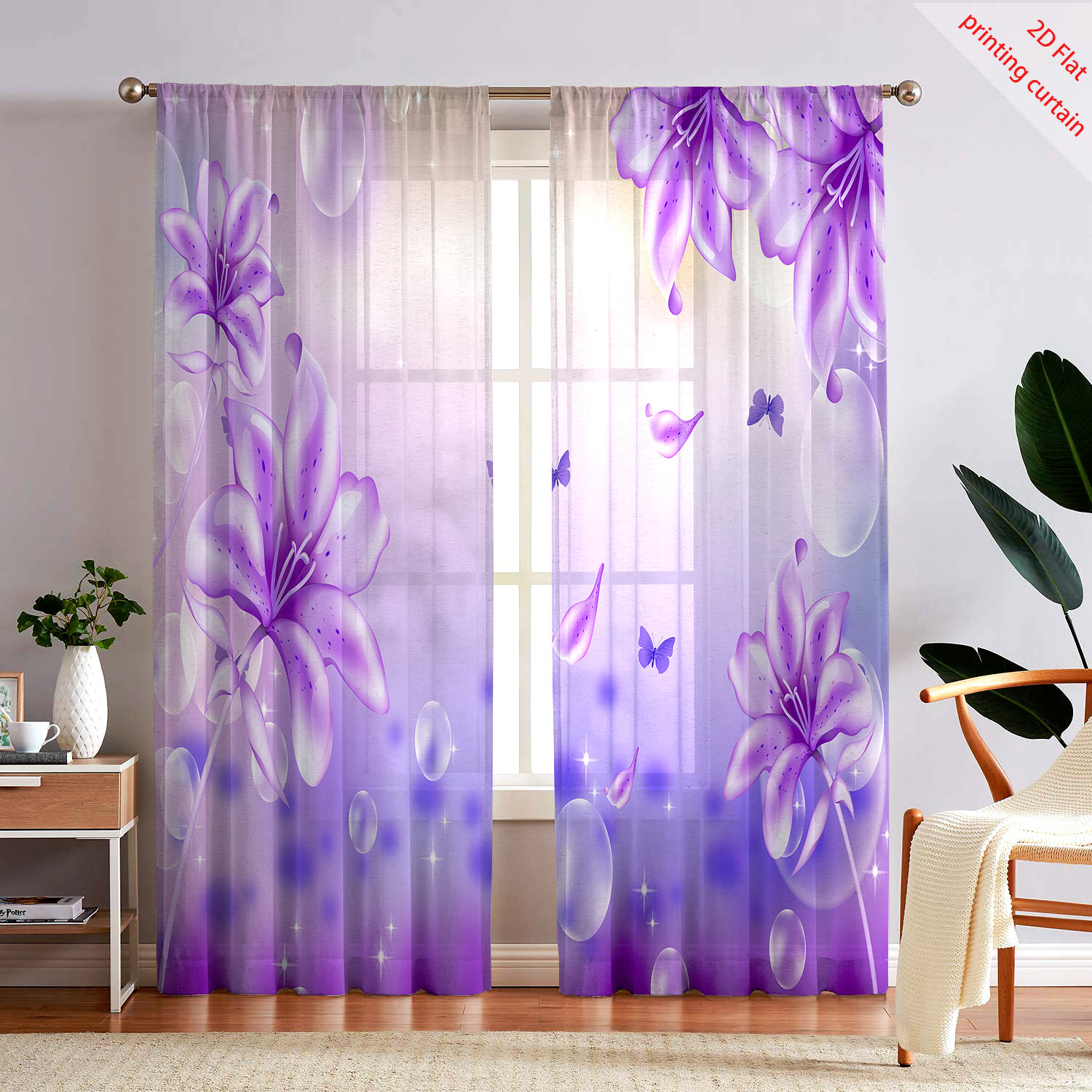 Home Office Windows - Tirai Kasa Transparan Bermotif Bunga Ungu